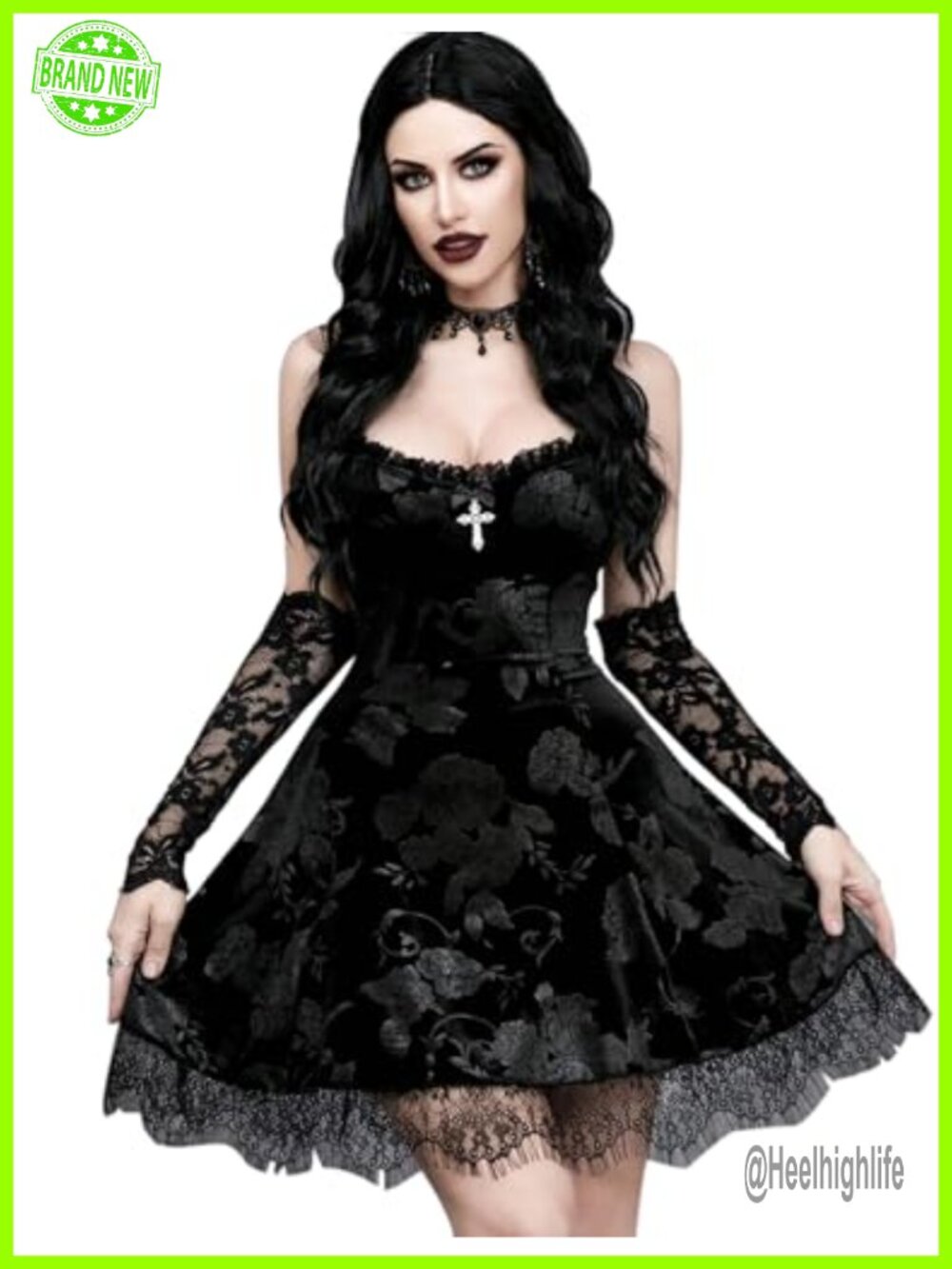 Gothic Lace Patchwork Cross Velvet Slip Mini Dress Sleeveless A-Line